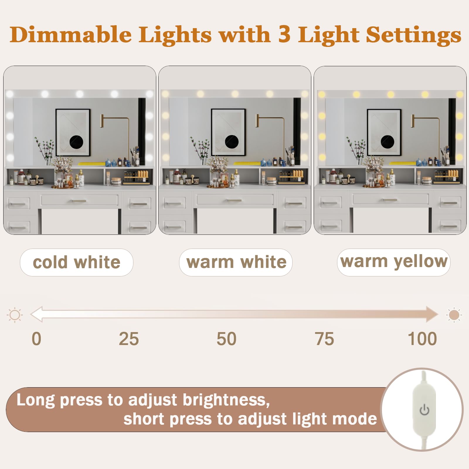 ISHARINGTIME 43.3" Vanity Desk with Large Lighted Mirror, Makeup Vanity with 5 Drawers & Power Outlet, 11 Lights, 3 Color Lighting Modes Adjustable Brightness, Dressing Table for Bedroom, White