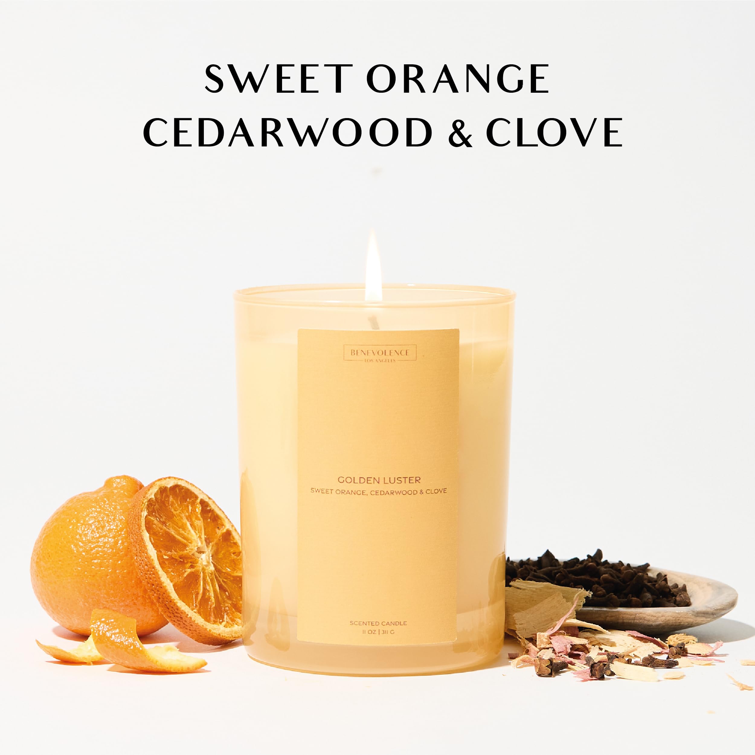 Benevolence LA Fall Candles - Orange, Cedarwood & Clove Scented Candle for Home | 11oz, 60-Hour Burn | Natural Wax, Cotton Wick | Sun-Kissed Collection