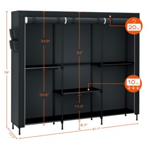 CASAMAYA Portable Closet, 81.5 Inch Extra Large Capacity Wardrobe Closet with Cover, Clothes Storage Organizer with Shelves and 5 Hanging Rods, Easy to Assembly, Black PCT136B01