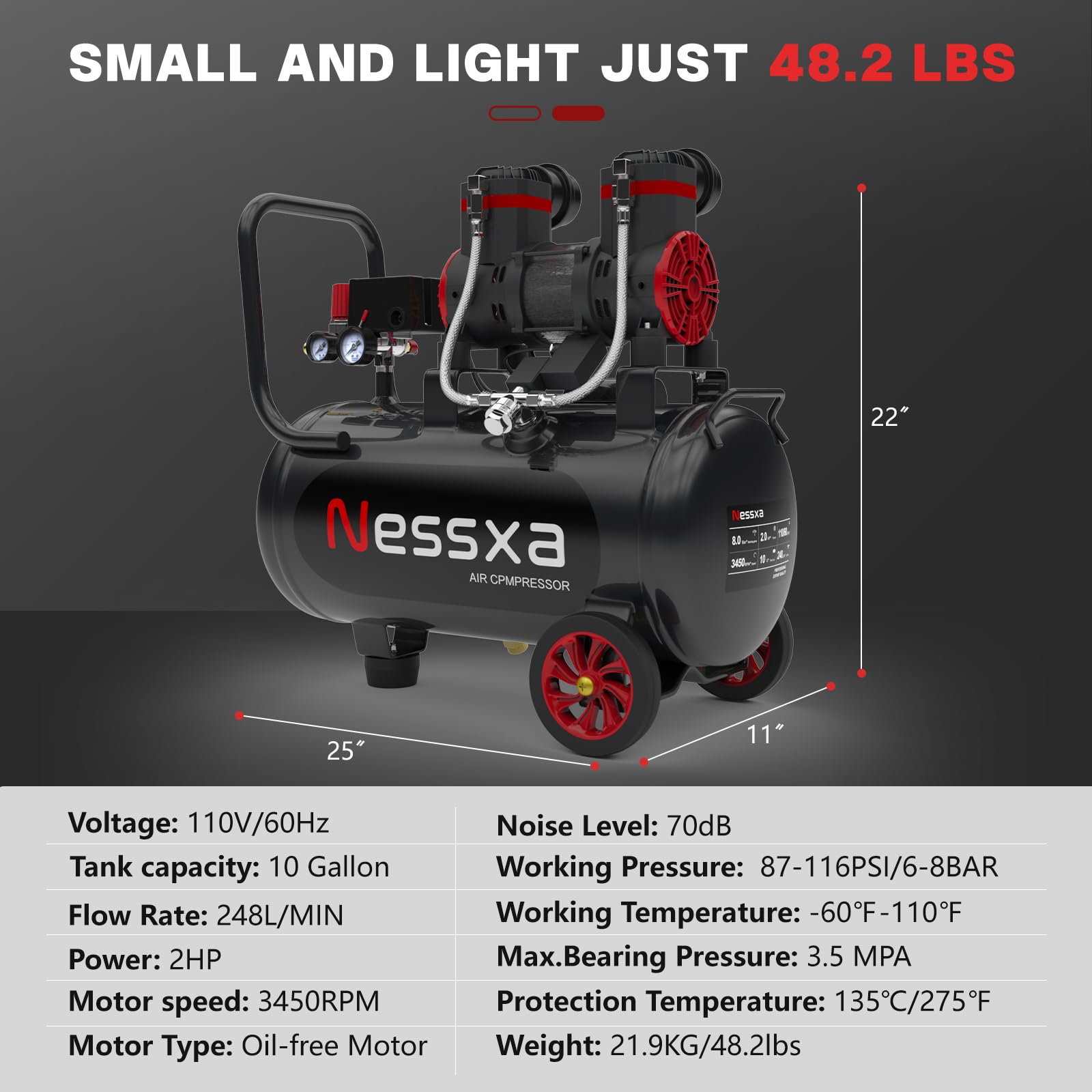 10 Gallon Ultra Quiet Air Compressor, 2HP 3.45 CFM@ 115PSI Oil-Free Air Compressor Tank, 110V/60hz, 70dB Air Compressor for Car Repair, Spray Painting, Woodwork Nailing