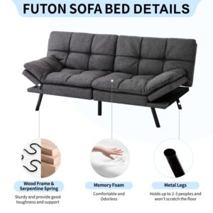 MUUEGM Ajustable Futon Sofa Bed, Futon Couch Filled with High Density Memory Foam, Ajustable Backrest Armrest Folding Futon, Modern Design Sofa Bed for Living Room, 71” for Small Space Dark Grey