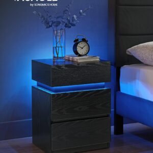 VASAGLE Nightstands with LED Lights, Set of 2, Adjustable Light Colors, Bedside Tables, Side Tables with 3 Drawers, Modern Style, 13.8 x 15.7 x 21.7 Inches, Ebony Black ULET799T58