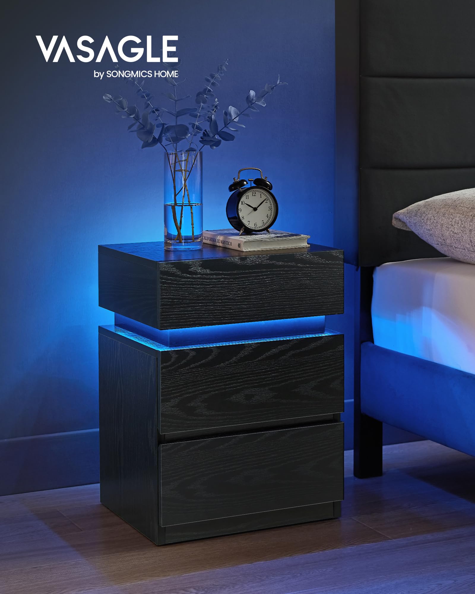 VASAGLE Nightstands with LED Lights, Set of 2, Adjustable Light Colors, Bedside Tables, Side Tables with 3 Drawers, Modern Style, 13.8 x 15.7 x 21.7 Inches, Ebony Black ULET799T58