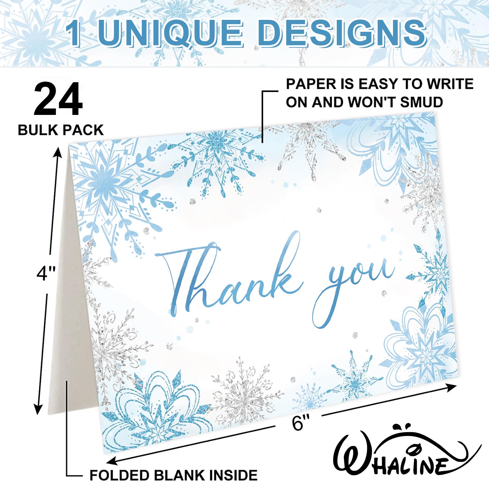 Whaline 24 Pack Christmas Thank You Cards Blue Glitter Snowflake Greeting Cards with Envelopes Stickers Blank Note Cards for Xmas Winter Party Invitation Supplies, 4 x 6 Inch