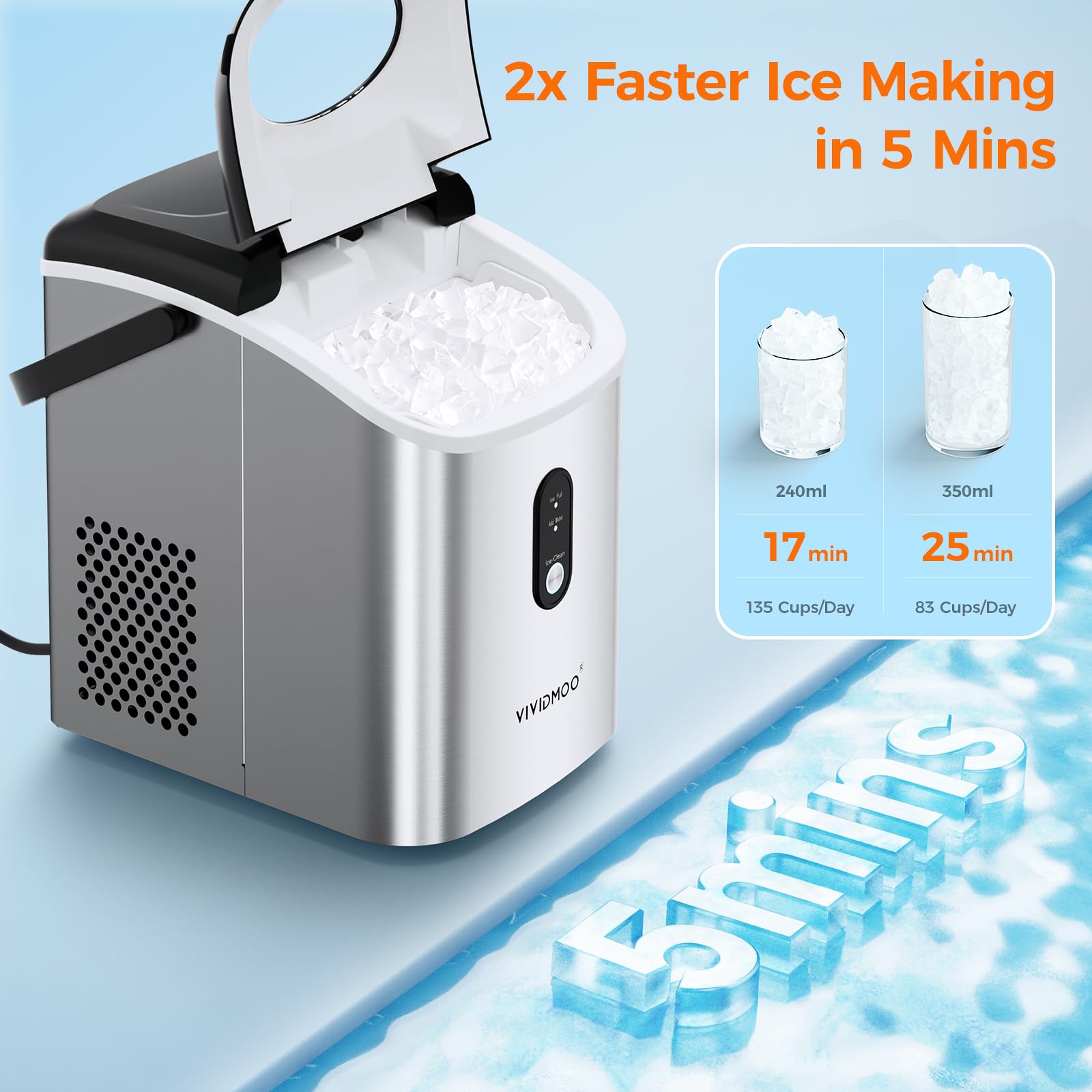 Vividmoo Ice Makers Countertop with Handle,33Lbs/24H,Portable Ice Maker Machine with Self-Cleaning,Perfect for Home Kitchen(Sliver)