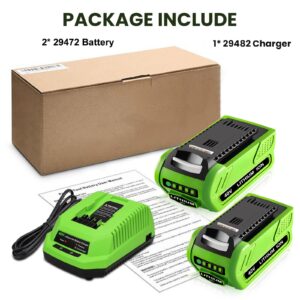 Amsbat 2-Pack 6.0Ah Lithium ion 29462 29472 Battery and 29482 Charger Replacement for Greenworks 40V Battery and Charger Compatible with Greenworks 40 Volt G-MAX Lawn Garden Power Tools(Green)