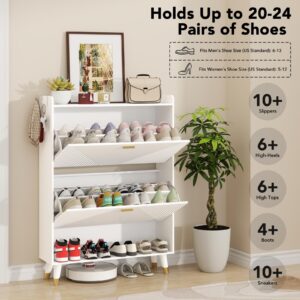 howcool Shoe Storage Cabinet with 2 Flip Drawers, Slim Wooden Freestanding Shoe Cabinet with Coat Hooks, Cubby and Shelf, Hidden Narrow Shoes Rack Organizer for Entryway Hallway, Holds 24 Pairs, White