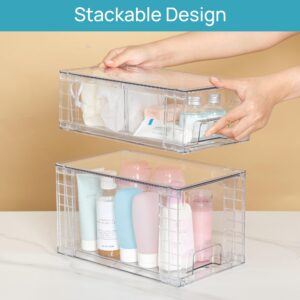 Vtopmart 4 Pack Clear Stackable Storage Drawers,Easy to Assemble Bathroom Organizers and Storage with handles,Plastic storage drawers for Kitchen Pantry,Cabinet,Under Sink Organization