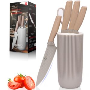 kitchen knife set, koudhug knife set with universal knife block 6-pieces, professional chef knife set for home and kitchen, anti-rust stainless steel knife for best cooking knife set (grey)