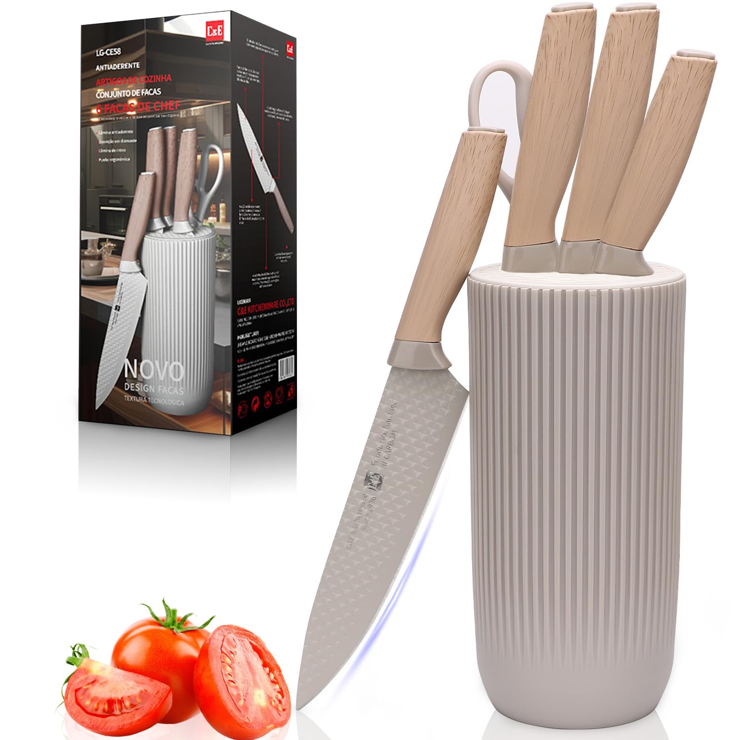 Kitchen Knife Set, KoudHug Knife Set with Universal Knife Block 6-Pieces, Professional Chef Knife Set for Home and Kitchen, Anti-Rust Stainless Steel Knife for Best Cooking Knife Set (Grey)