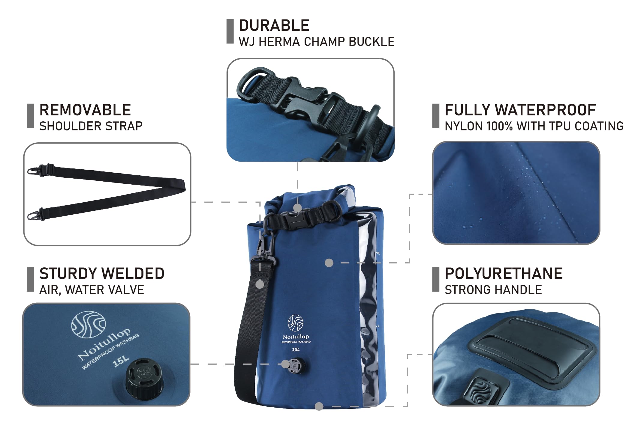 Noitullop Washbag Portable Washing Machine - 15L Fully Waterproof Dry Bag - Lightweight Compact Nylon Washing Machine - Portable Manual Clothes Washer Laundry Bag (Navy)