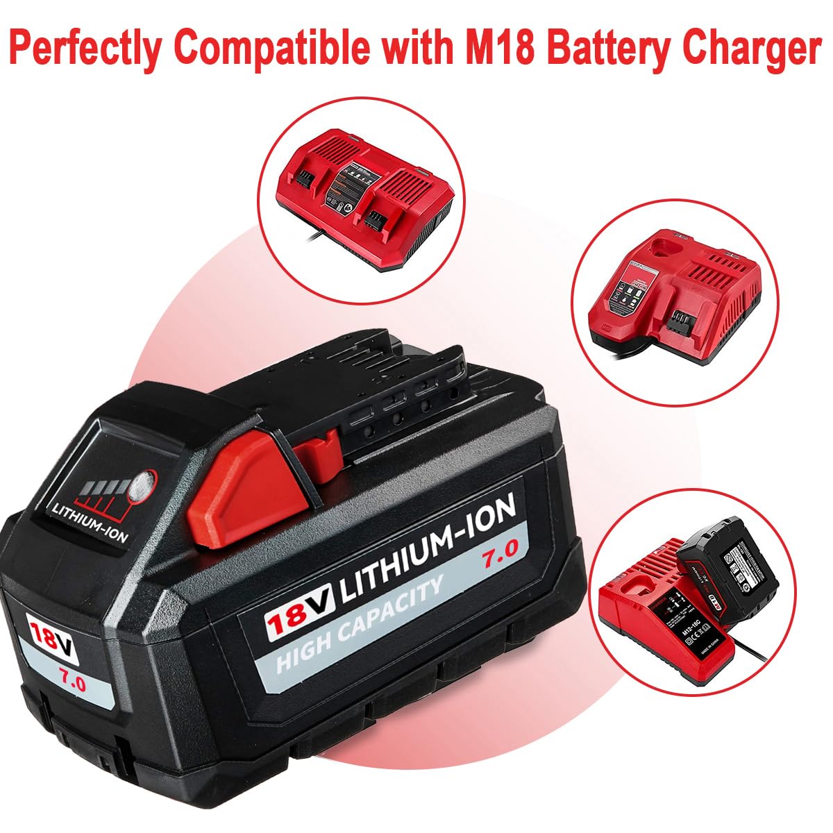 Xmenany 7000mAh 18V Battery Replacement for Milwaukee M 18 Batteries Lithium ion 48-11-1850 48-11-1820 48-11-1840 48-11-1828 48-11-1815 High Output Compatible with Milwaukee 18 Volt Tools,2PACK