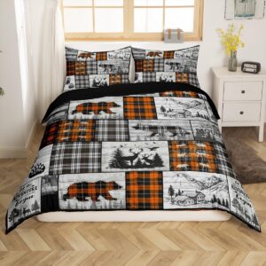 erosebridal rustic cabin bedding set king farmhouse lodge duvet cover black orange buffalo plaid country comforter cover for kids men hunting bear deer wolf woodland wildlife quilt cover