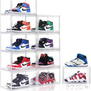 10 Pack Acrylic Ultra Clear Storage Sneaker Shoe Box Stackable Transparent Boxes, Magnetic Door Plastic Sneakerhead Professional Grade Display Case Boot Organizer, Fits US Size 15 Sneakers, Pack of 10