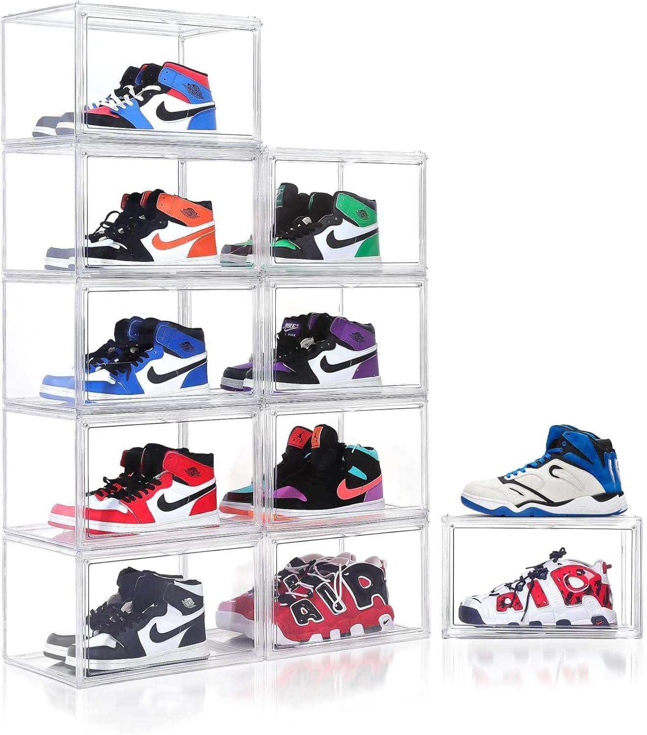 10 Pack Acrylic Ultra Clear Storage Sneaker Shoe Box Stackable Transparent Boxes, Magnetic Door Plastic Sneakerhead Professional Grade Display Case Boot Organizer, Fits US Size 15 Sneakers, Pack of 10