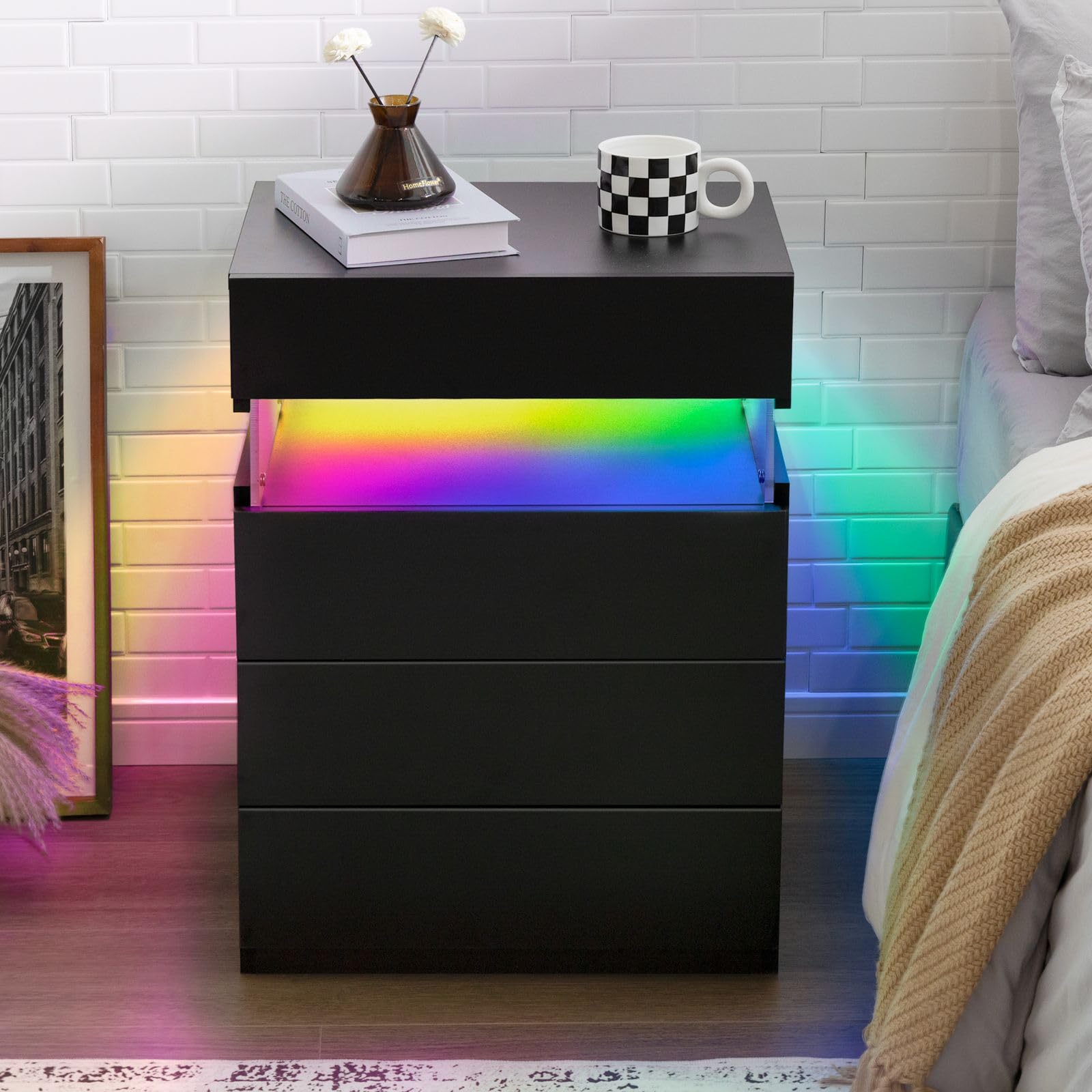 Bingoday Night Stand with 4 Drawers Large LED Nightstand Black Night Stand for Bedroom Modern Bedside Tables for Bedroom, Living Room (Black)