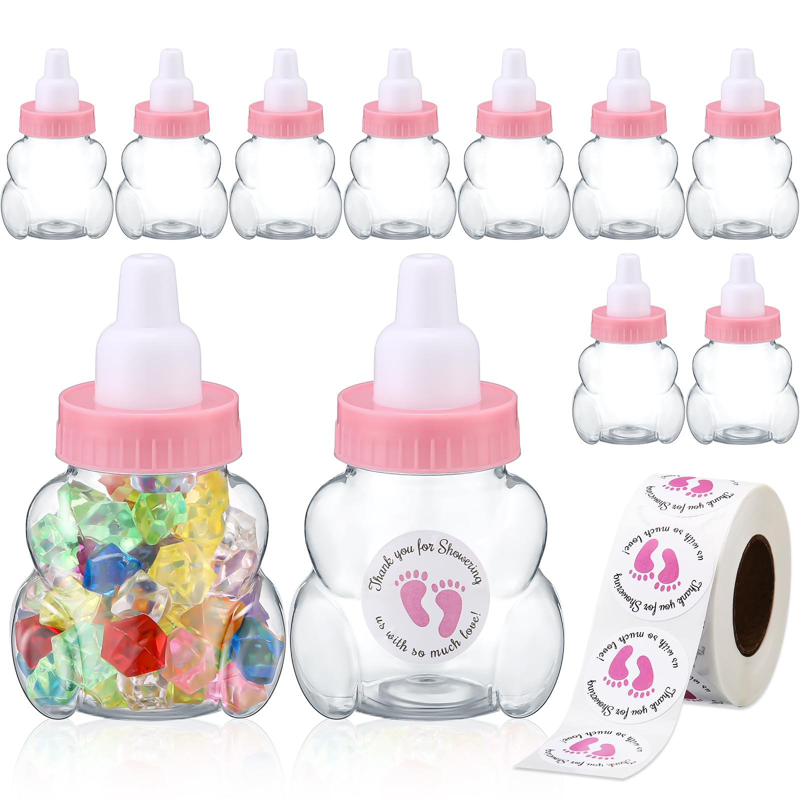 Threlaco 24 Pcs Baby Shower Candy Bottle Bear Candy Bottles 3.15 Inch Pink Shower Favor with Thank You for Showering Stickers Clear Plastic Milk Bottle Baby Shower Party Favor Gifts for Girl