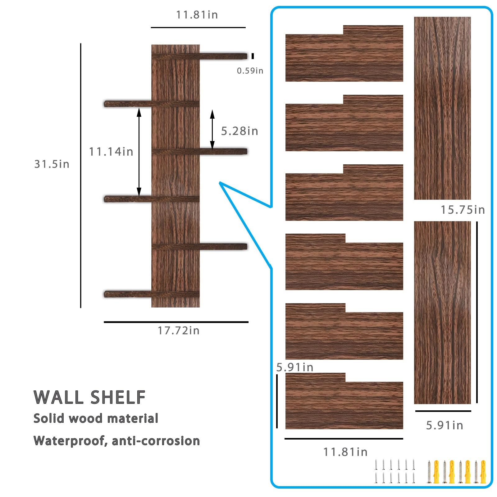 Jiofaviu Vertical Column Shelf Floating Storage - Wall Shelf 6 Tier Unit 5.91" x 17.72" x 31.5" Organizer Tall Tower Design Utility Shelf, Home Decor Bedroom Living Room (Solid Wood) (A)