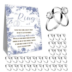 guawubiang bridal shower ring game card set, 51pcs put a ring on it game sign, includes ring table card and 50 mini silver rings, purple floral decoration bridal shower party supplies