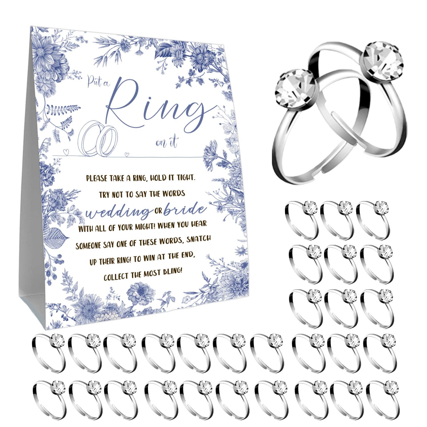 Guawubiang Bridal Shower Ring Game Card Set, 51Pcs Put a Ring on it Game Sign, Includes Ring Table Card and 50 Mini Silver Rings, Purple Floral Decoration Bridal Shower Party Supplies