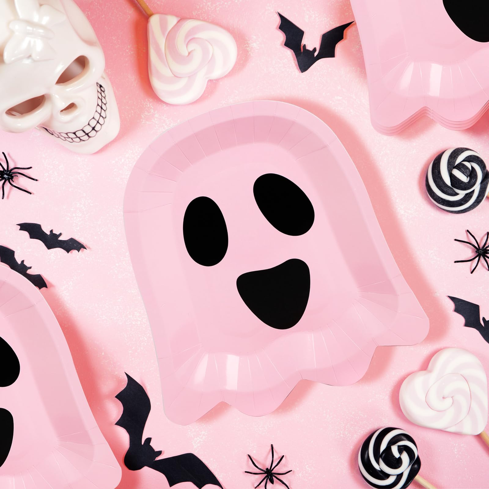 TWOWYHI 50Pcs Halloween Pink Ghost Paper Plates Disposable Pink Ghost Shaped Dessert Dinner Plates for Halloween Themed Party 9.4 x 8.2 Inch