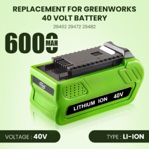 Amsbat 2-Pack 6.0Ah Lithium ion 29462 29472 Battery and 29482 Charger Replacement for Greenworks 40V Battery and Charger Compatible with Greenworks 40 Volt G-MAX Lawn Garden Power Tools(Green)