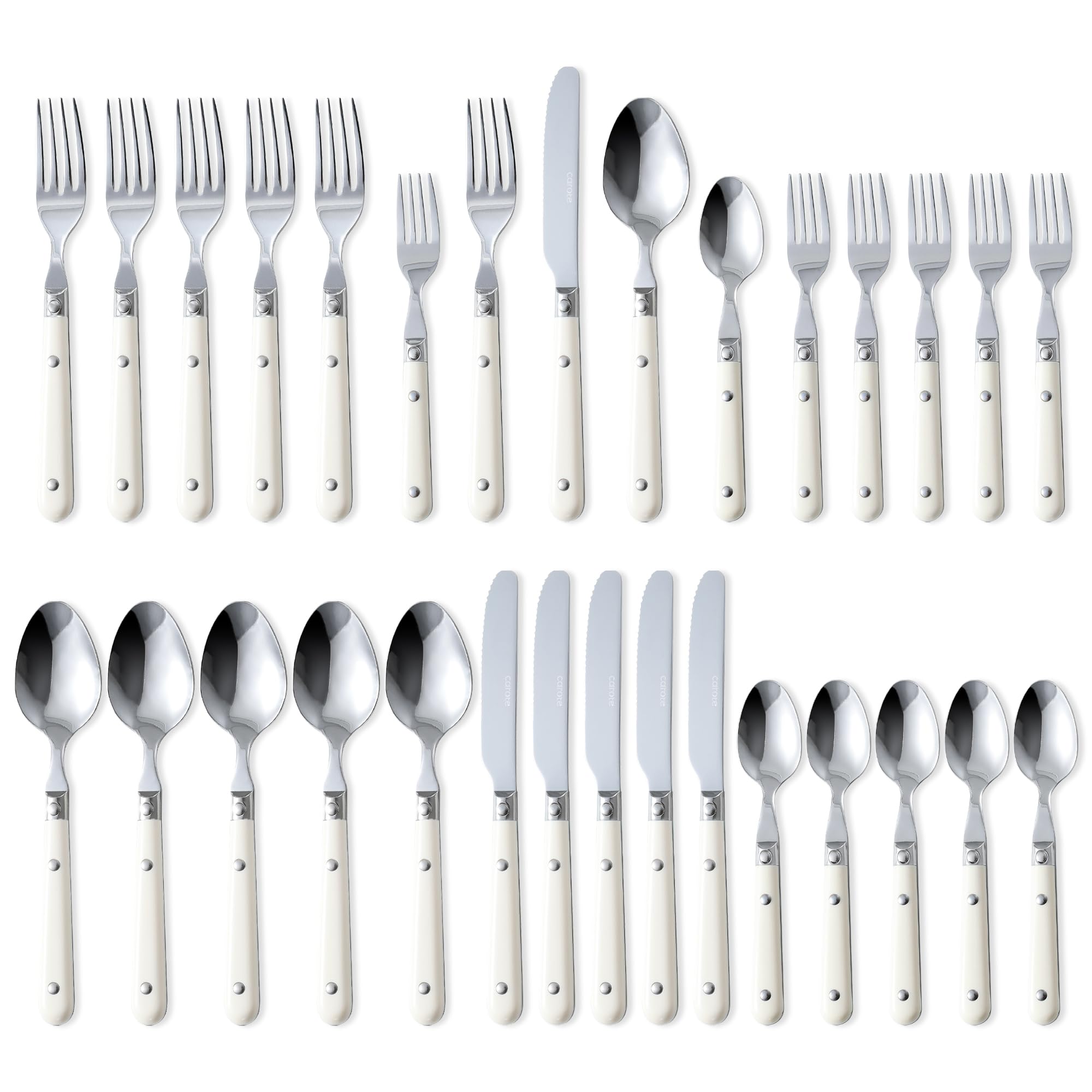 CAROTE 30-Piece Silver set, Stainless Steel Flatware Set with White Handles, Triple-Riveted & Full Tang Design, Kitchen Utensils Set, Mirror Polished, Durable, White