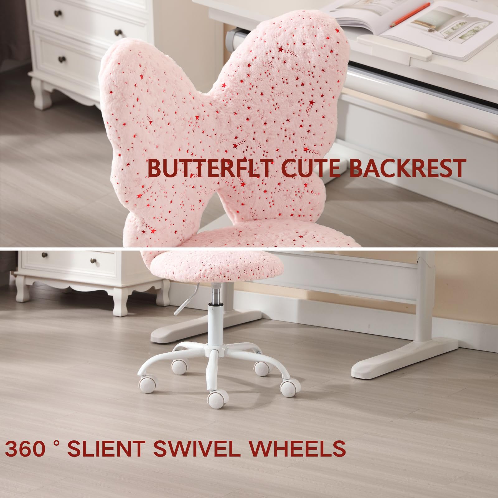 DAYALANE Butterfly Kids Desk Chair with Wheels, Faux Fur Study Chair for Girls, Adjustable Cute Kids Chair Swivel Upholstered Task Chair Rolling Desk Chair for Bedroom/Reading, Pink