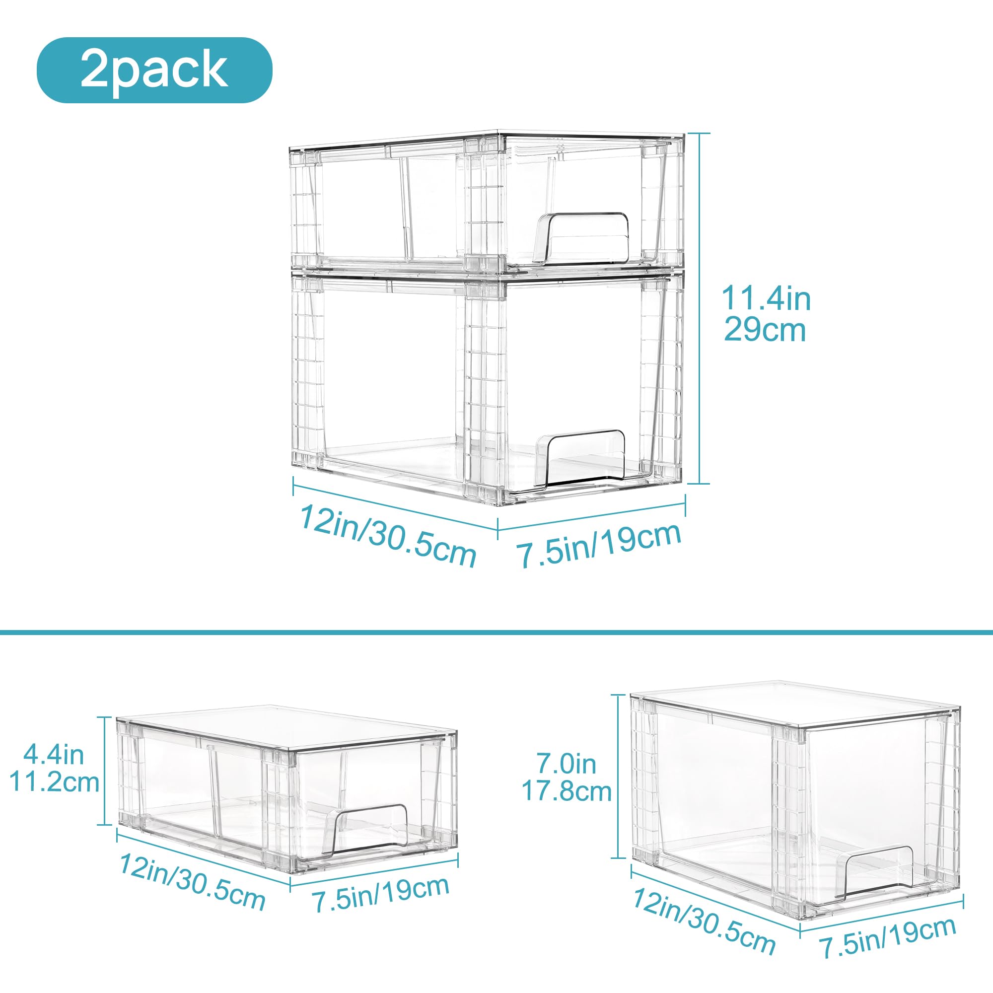 Vtopmart 4 Pack Clear Stackable Storage Drawers,Easy to Assemble Bathroom Organizers and Storage with handles,Plastic storage drawers for Kitchen Pantry,Cabinet,Under Sink Organization