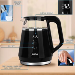 NELO Electric Kettle with 5 Temperature Control Presets, Large Digital Temperature Display, Multi-Colored LED Indicator Lights, Black Tea Kettle & Hot Water Boiler, 360° Base, BPA-Free, 1 Liter