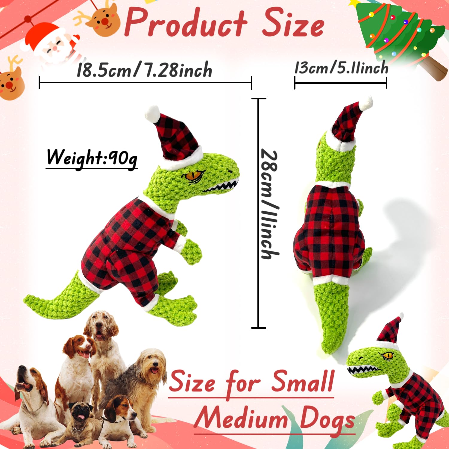 CIIVURR Christmas Squeaky Dog Toys, Xmas Interactive Plush Dog Toys for Large Dogs, Dog Chew Toys to Keep Them Busy, Dog Toys for Small Medium Large Dogs - Tyrannosaurus rex