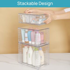 Vtopmart 3 Pack Clear Stackable Storage Drawers,Easy to Assemble Bathroom Organizers and Storage with handles,Plastic storage drawers for Kitchen Pantry,Cabinet,Under Sink Organization