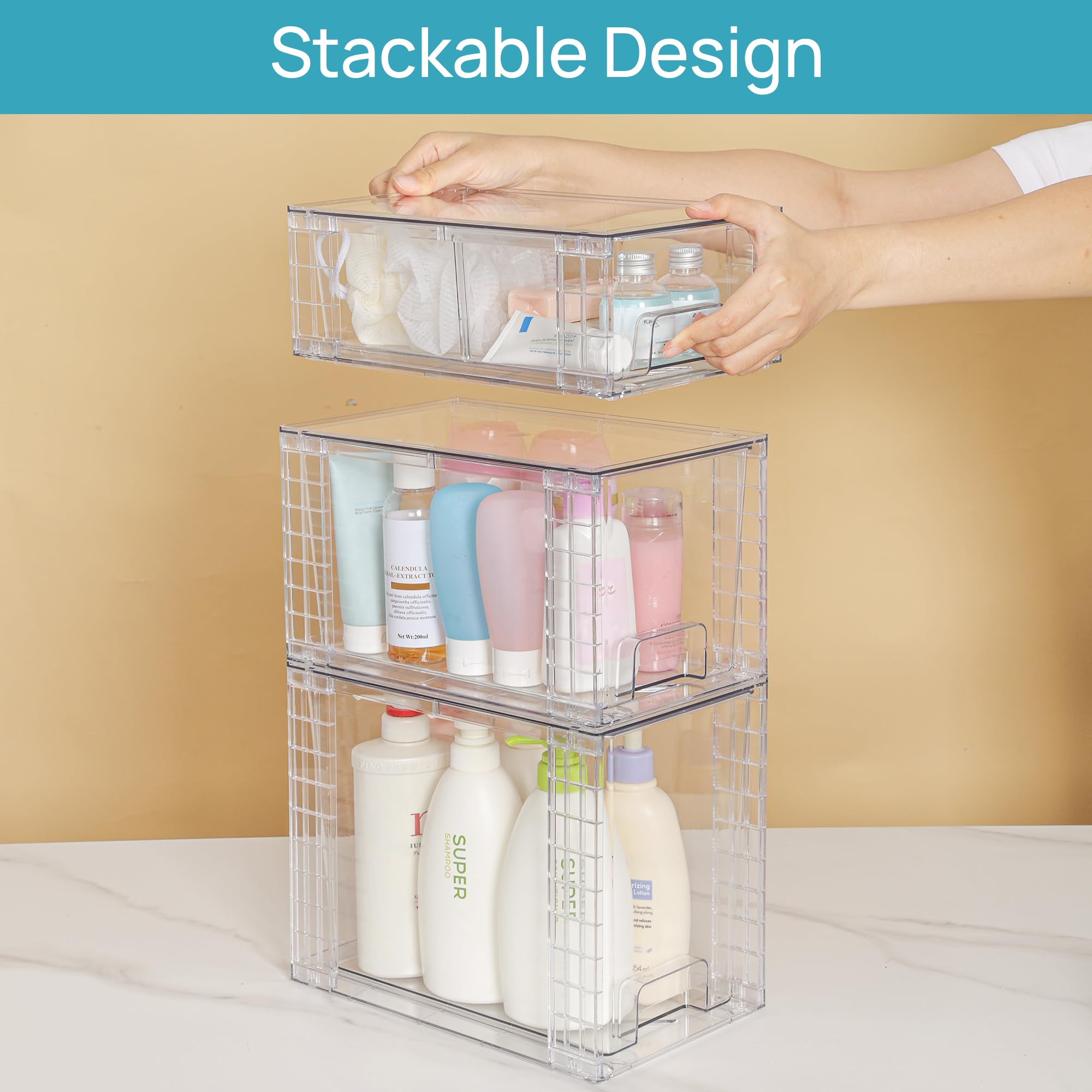 Vtopmart 3 Pack Clear Stackable Storage Drawers,Easy to Assemble Bathroom Organizers and Storage with handles,Plastic storage drawers for Kitchen Pantry,Cabinet,Under Sink Organization