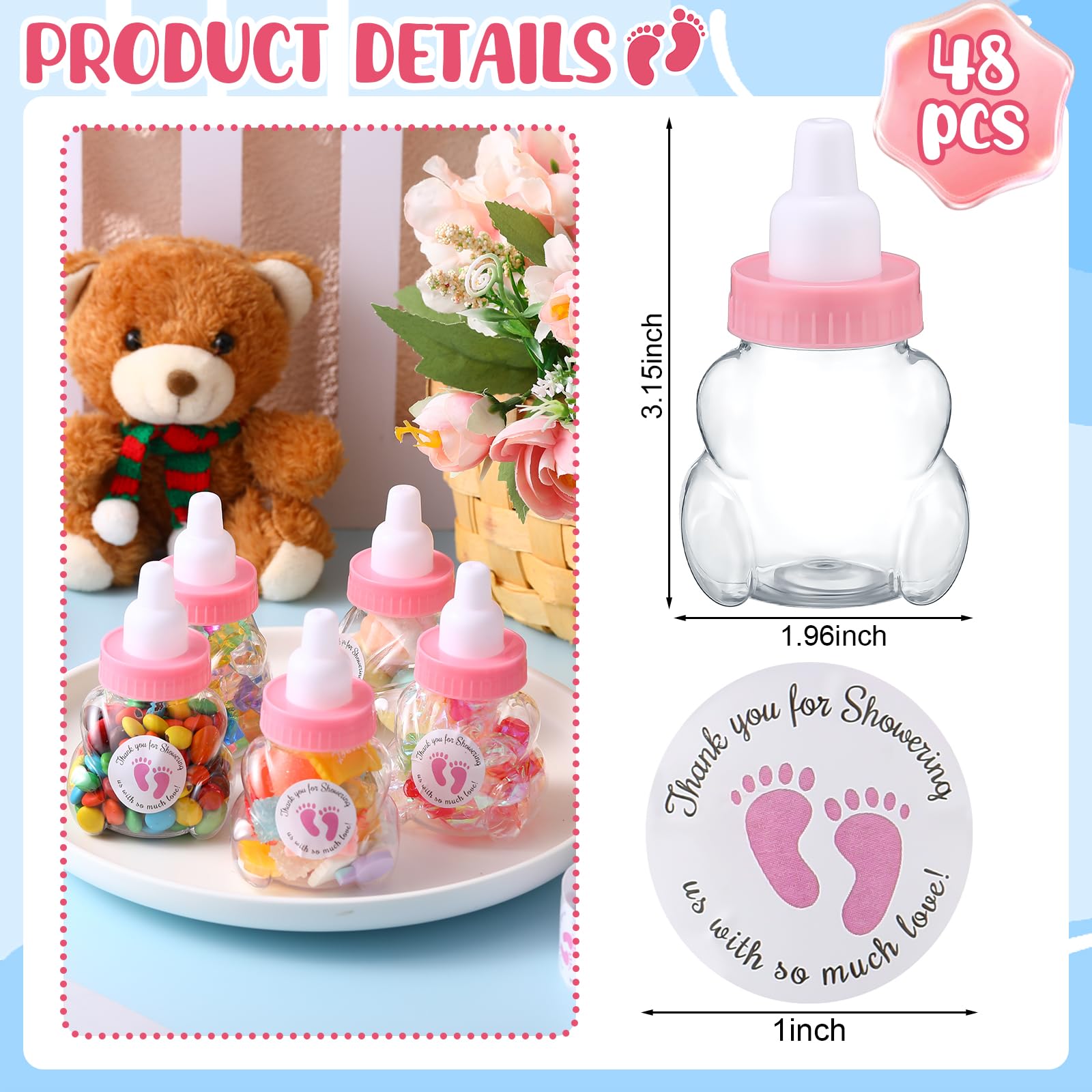 Threlaco 24 Pcs Baby Shower Candy Bottle Bear Candy Bottles 3.15 Inch Pink Shower Favor with Thank You for Showering Stickers Clear Plastic Milk Bottle Baby Shower Party Favor Gifts for Girl