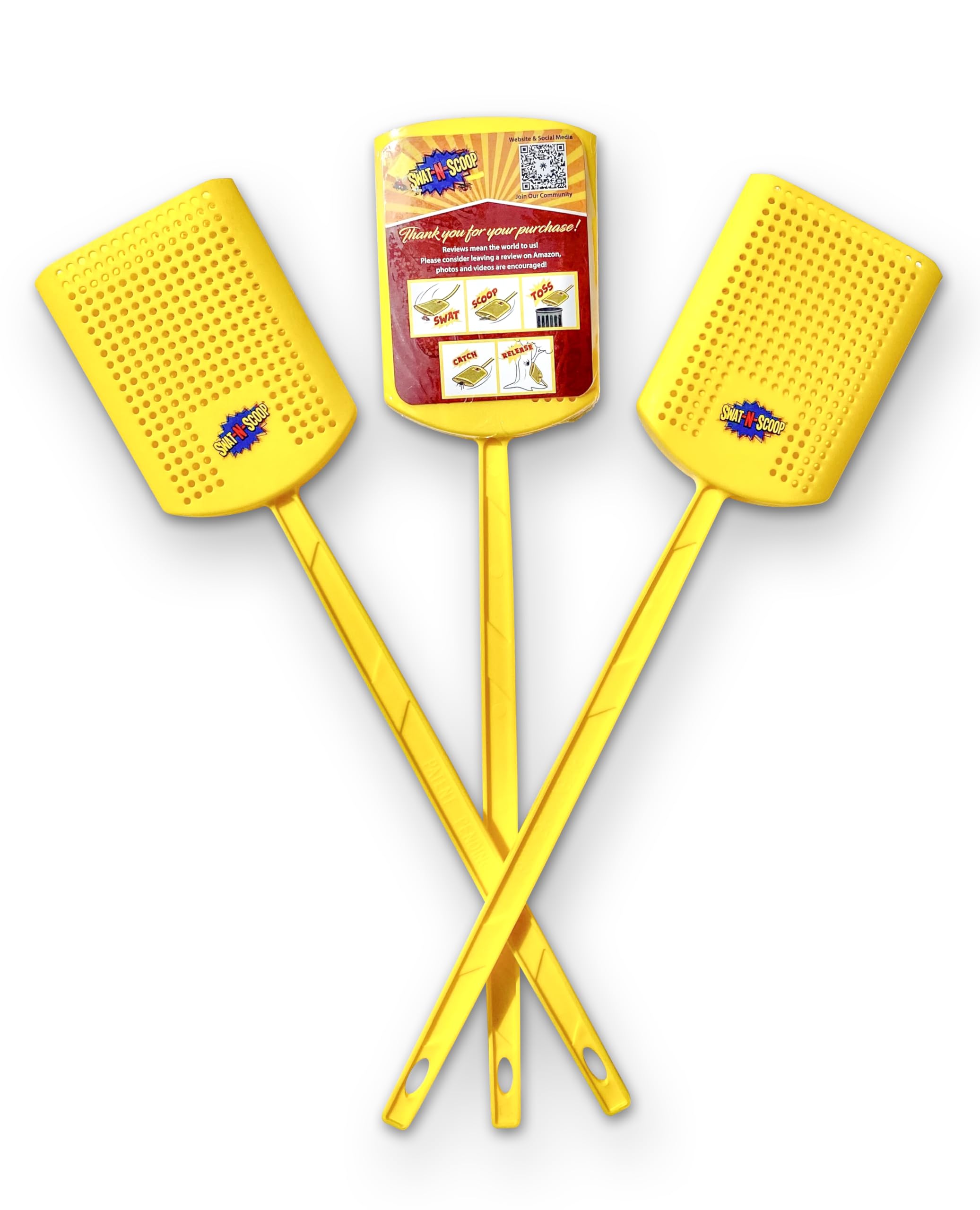 Swat-N-Scoop, Heavy Duty Fly Swatter and Spider Catcher and Release. Insect Fly Catchers for Inside Home. House Fly Swatter or Humane Bug Catcher with Built in Insect Scoop. (3pk, Yellow)