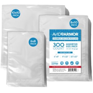 avid armor – chamber machine pouches 3.5mil, pre-cut chamber vacuum sealer bags, heavy duty seal pouch, bpa-free chamber sealer, assorted size pack, 6"x8", 8"x10", 10"x10" - pack of 300