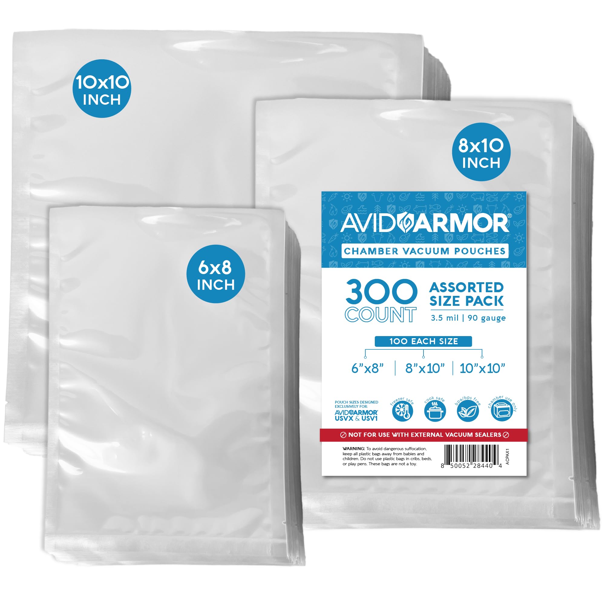 Avid Armor – Chamber Machine Pouches 3.5mil, Pre-Cut Chamber Vacuum Sealer Bags, Heavy Duty Seal Pouch, BPA-Free Chamber Sealer, Assorted Size Pack, 6"x8", 8"x10", 10"x10" - Pack of 300