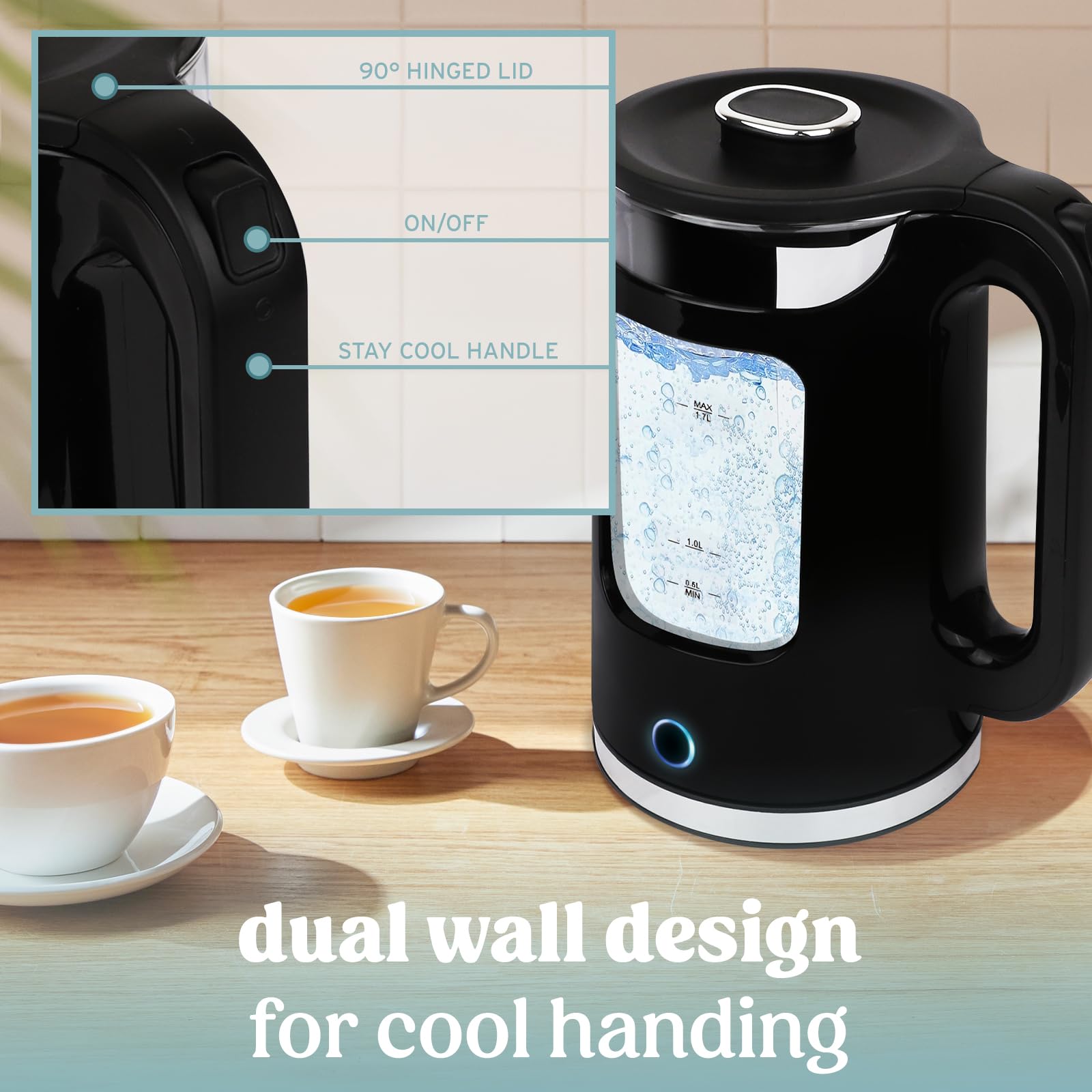 NELO Electric Kettle with Keep Warm Function, Sleek Glass Window Double Wall Design, LED Indicator Lights, Black Tea Kettle & Hot Water Boiler with Auto Shut-Off, 360° Base, BPA-Free, 1.7 Liters