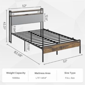 Redlife Full Size Bed Frame with 2-Tier Storage Headboard, Metal Platform Bed Frame with Charging Station & Upholstered, Noise-Free, No Box Spring Needed, Easy Assembly, Rustic Brown