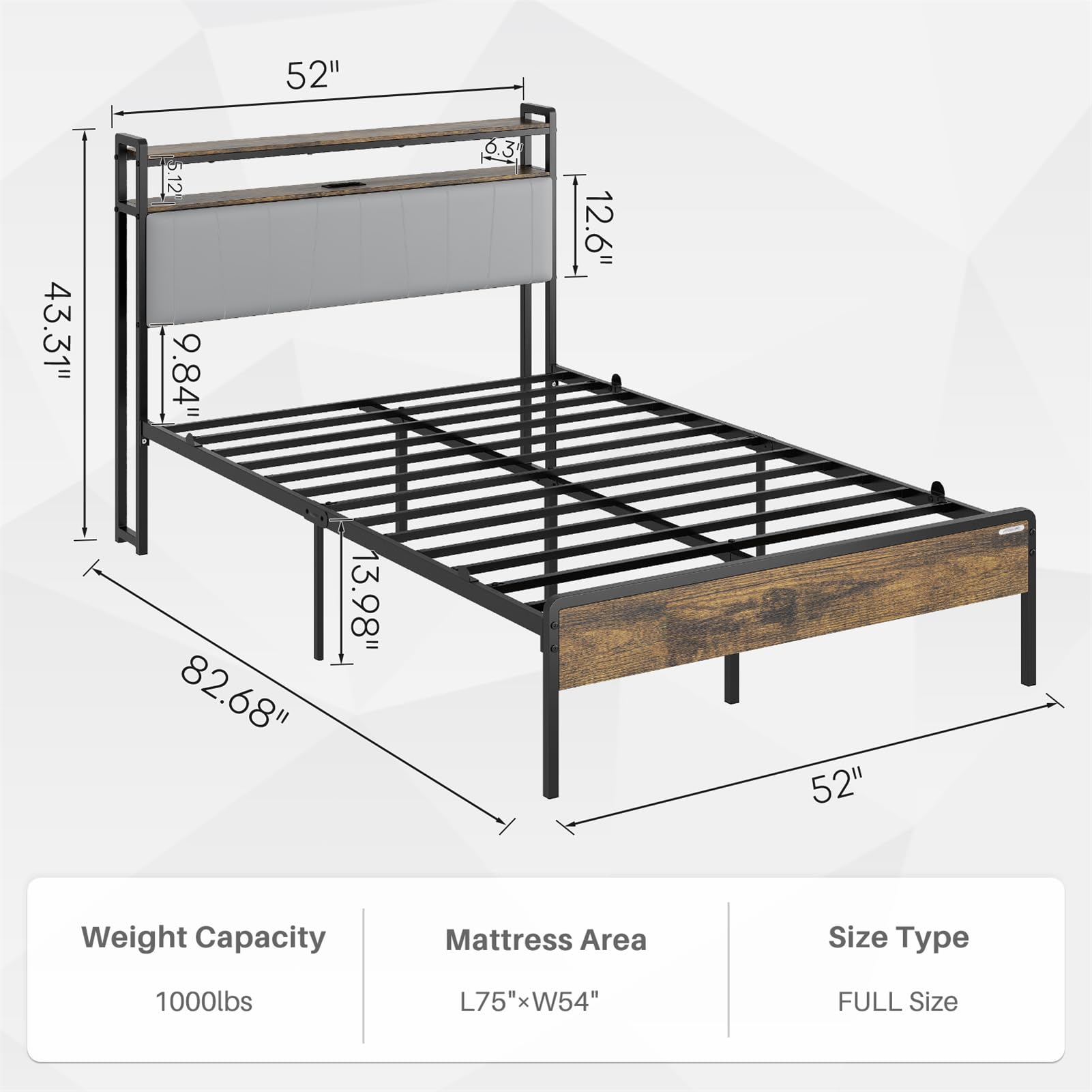 Redlife Full Size Bed Frame with 2-Tier Storage Headboard, Metal Platform Bed Frame with Charging Station & Upholstered, Noise-Free, No Box Spring Needed, Easy Assembly, Rustic Brown