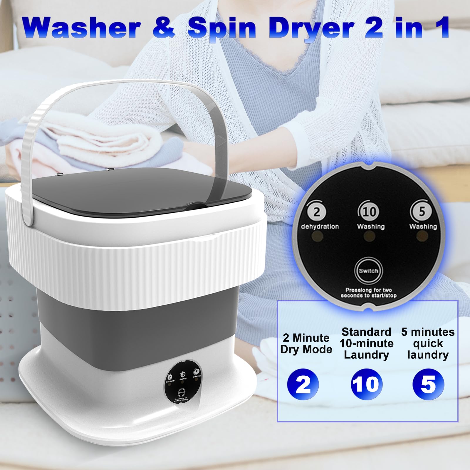 Portable Washing Machine, 12L Large Capacity, Foldable Mini Washer and Dryer, Compact Folding Small Laundry Washer for Socks, Baby Clothes, Underwear, Towel, Dorm, Camping, RV, Apartment, Travel, Grey