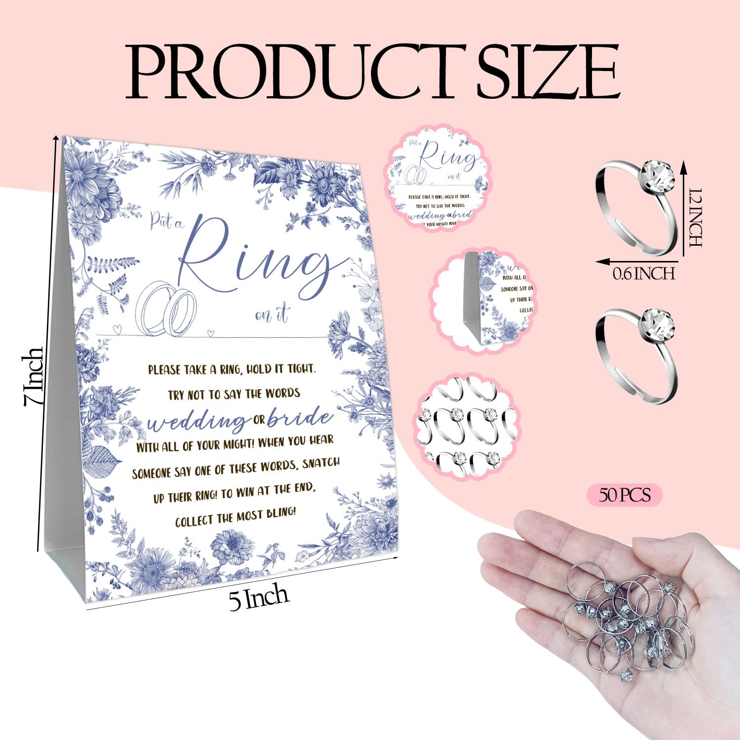 Guawubiang Bridal Shower Ring Game Card Set, 51Pcs Put a Ring on it Game Sign, Includes Ring Table Card and 50 Mini Silver Rings, Purple Floral Decoration Bridal Shower Party Supplies