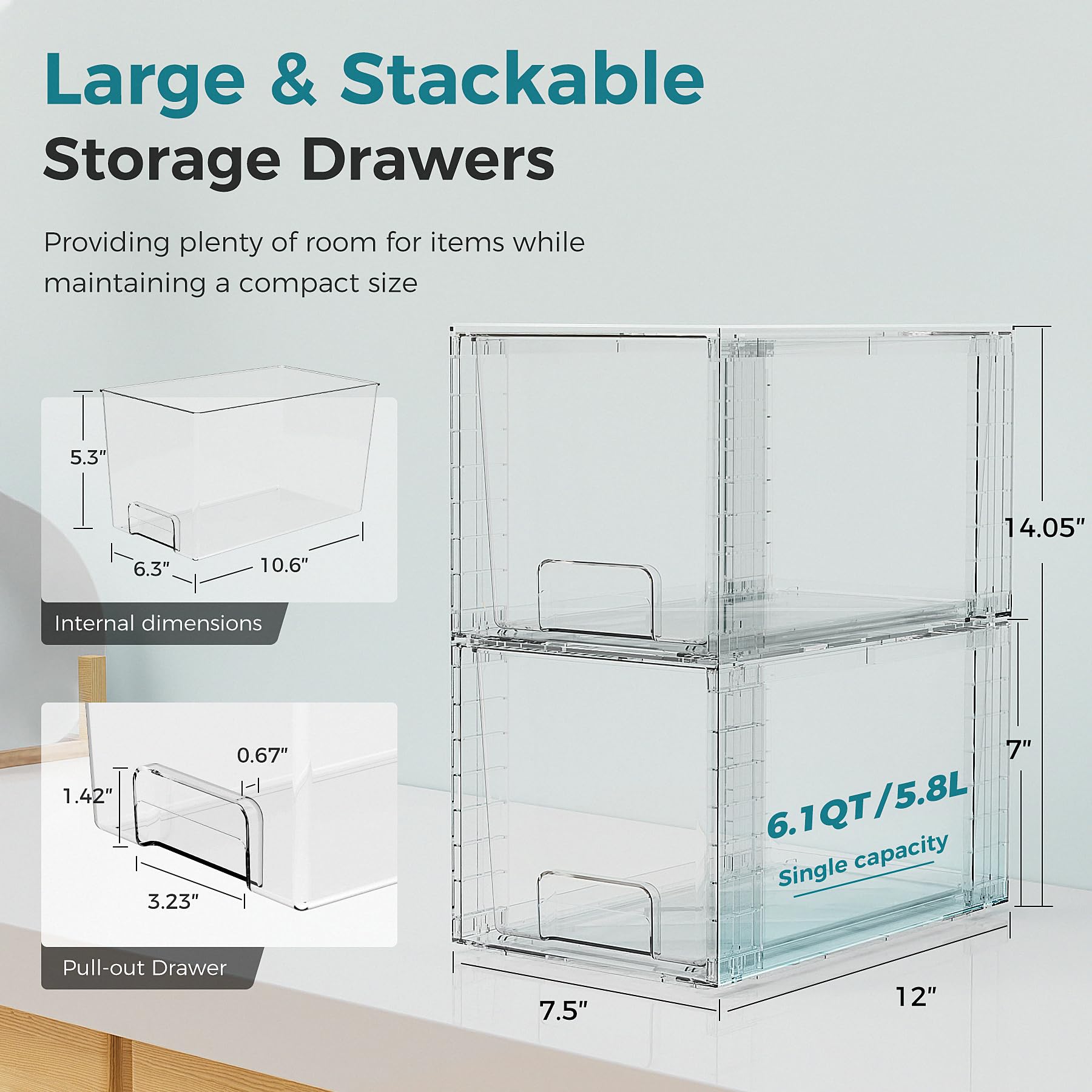 oylik 4 Pack Large Acrylic Drawer Organizer, Stackable Storage Drawers, BPA Free Food Storage Containers, Kitchen Cabinet Pantry, Fridge, Under Sink Organization (Total Capacity 12.2QT)