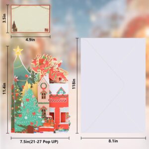 JOYJOM 3D Pop Up Christmas Cards, Musical Christmas Cards with Envelopes, Lights and Note Tag for Kids Wife Mon Dad Friends,21" x 11.4" (Village Santa and Reindeers)