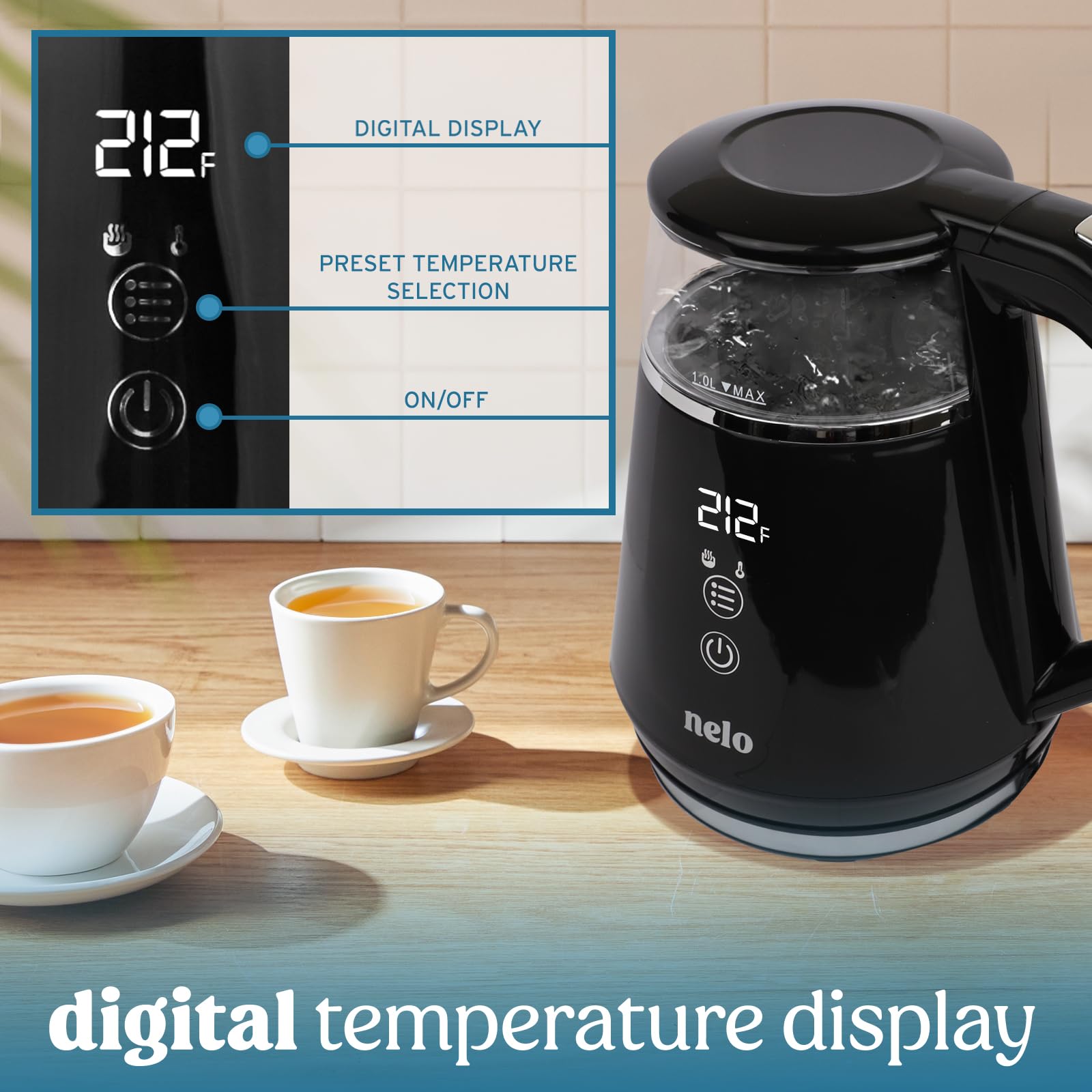 NELO Electric Kettle with 5 Temperature Control Presets, Large Digital Temperature Display, Multi-Colored LED Indicator Lights, Black Tea Kettle & Hot Water Boiler, 360° Base, BPA-Free, 1 Liter