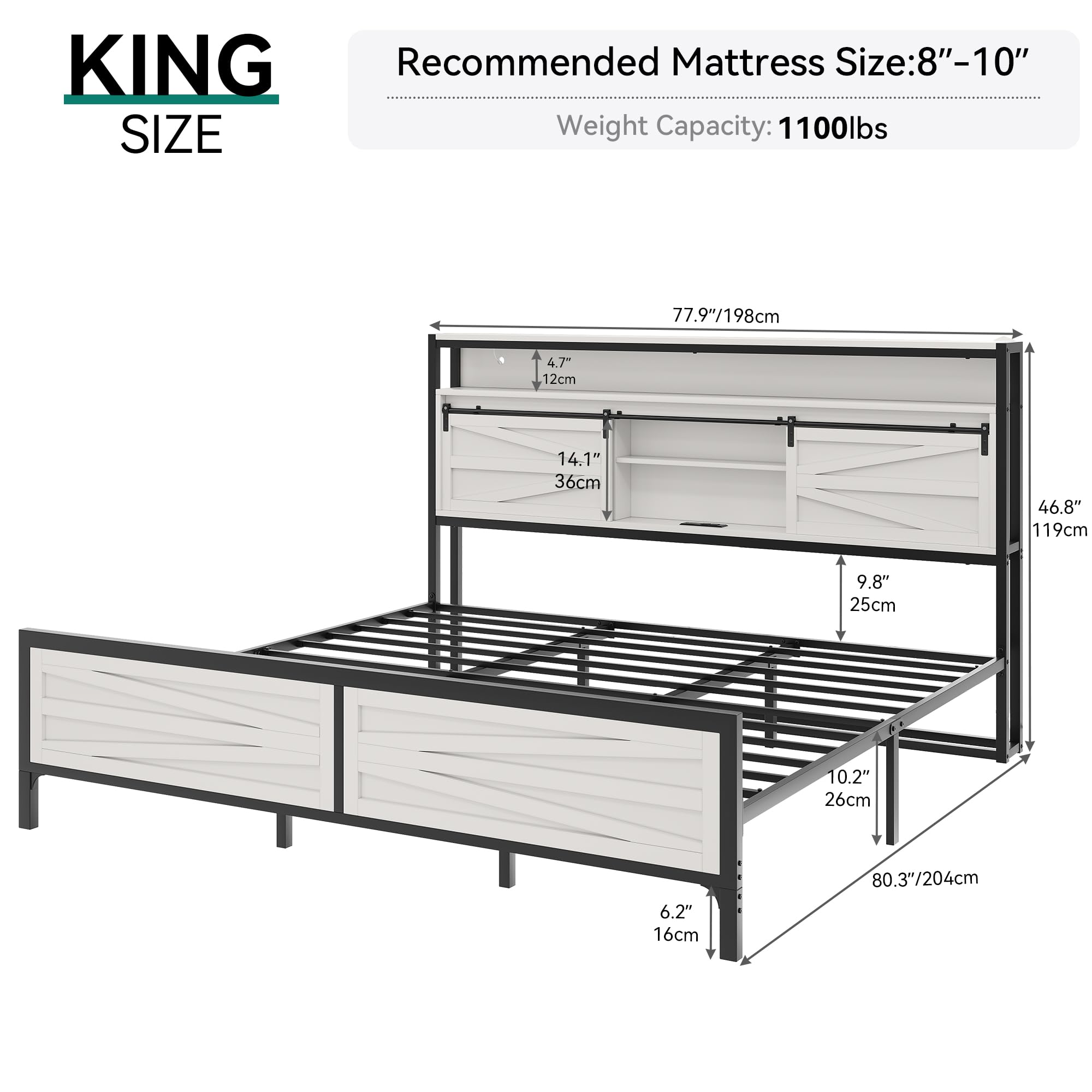 YITAHOME Farmhouse King Bed Frame with Storage Bookcase Headboard, Platform Bed Frame with LED Lights and Charging Station, Sliding Barn Door, Solid Metal Slats, No Box Spring Needed (White)