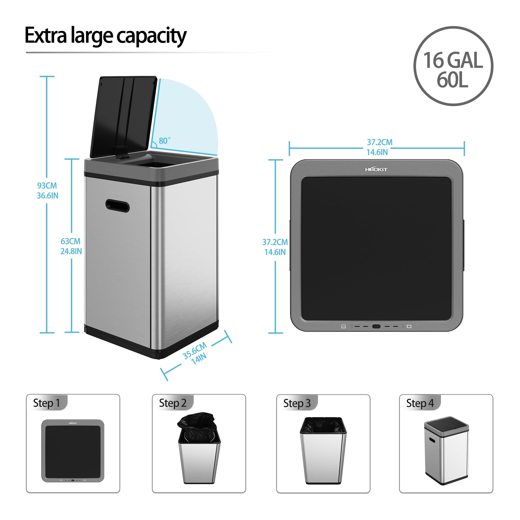 HBOKIT 16 Gallon Stainless Steel Automatic Trash Can with Lid, Motion Sensor, Touchless Automatic Garbage Bin for Kitchen, Bathroom, Bedroom, Office, Detachable Design Waste Bin