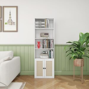 70" Tall Bookcase with Doors, White 5 Tier Large Bookshelf with Cabinet, Standing Wood Display Book Shelf for Living Room, Office, Library with Doors