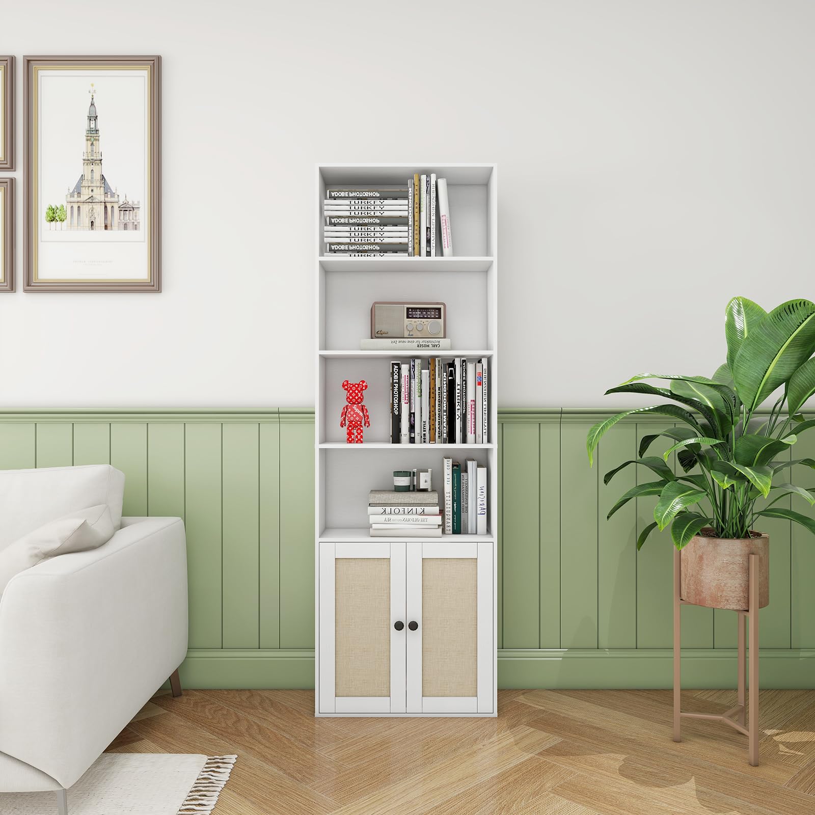 70" Tall Bookcase with Doors, White 5 Tier Large Bookshelf with Cabinet, Standing Wood Display Book Shelf for Living Room, Office, Library with Doors