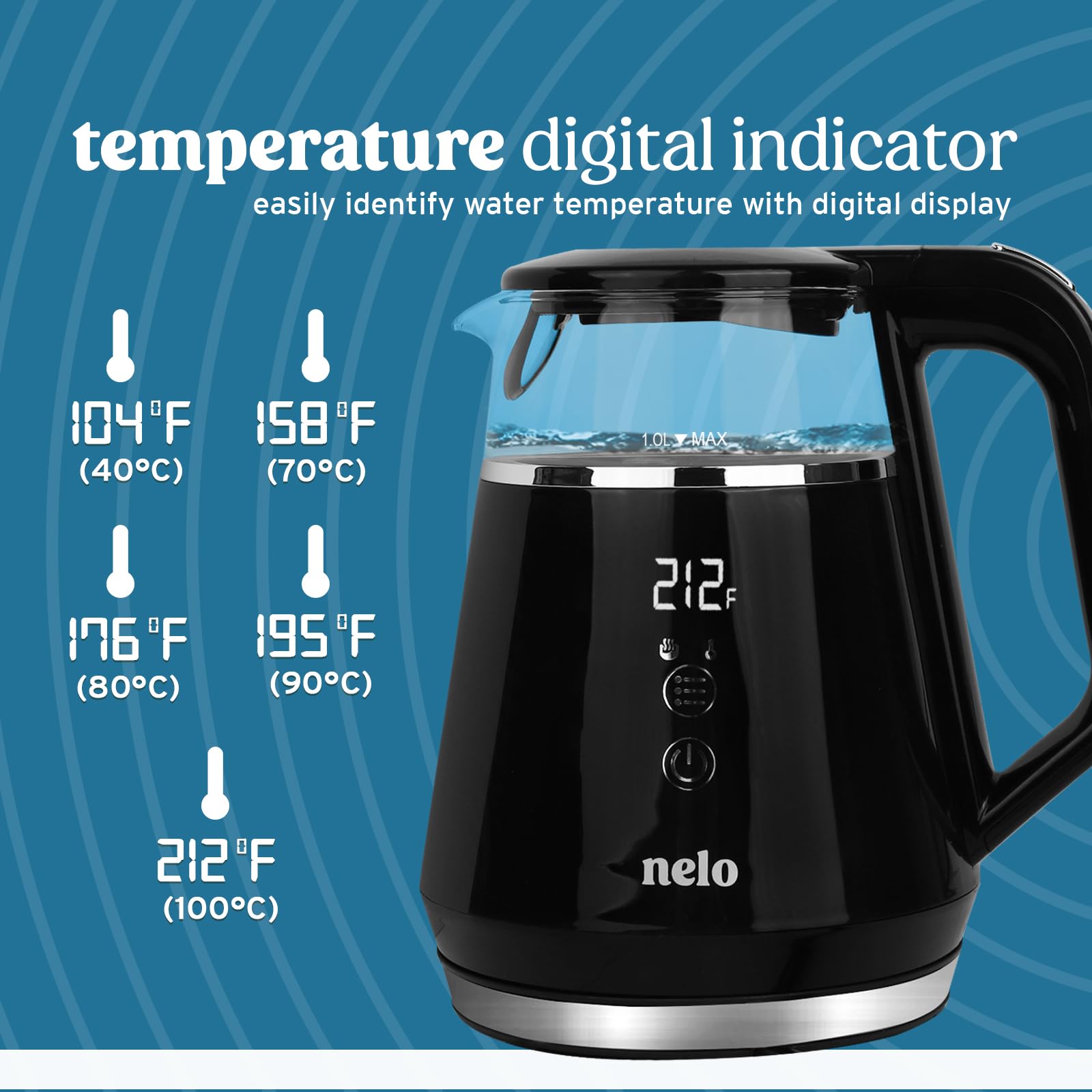 NELO Electric Kettle with 5 Temperature Control Presets, Large Digital Temperature Display, Multi-Colored LED Indicator Lights, Black Tea Kettle & Hot Water Boiler, 360° Base, BPA-Free, 1 Liter